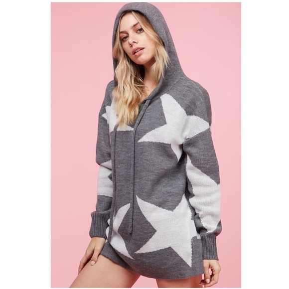 Gray White Star Hoodie Sweater Knit Tunic Top - Picture 7 of 8